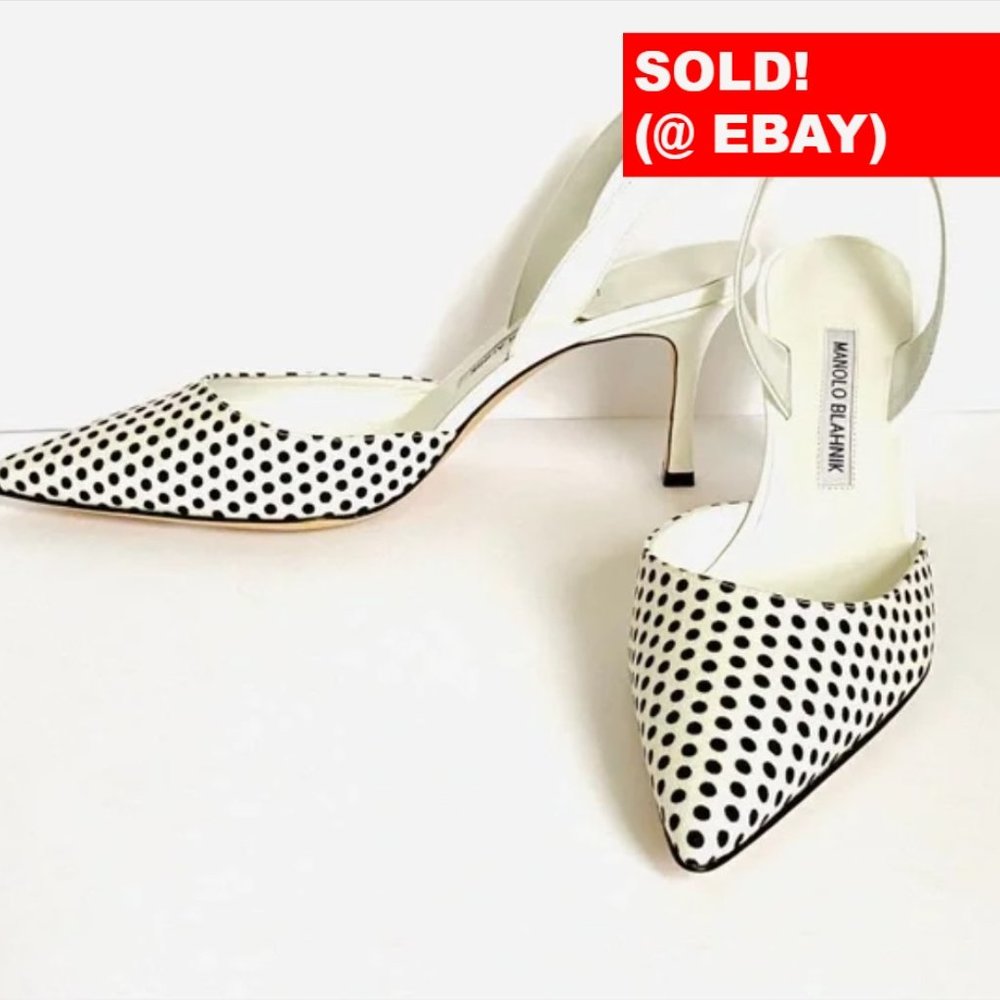 NWT: MANOLO BLAHNIK | White with Black Polkadots Carolyne Kitten-Heel Pumps - Picture 1 of 11